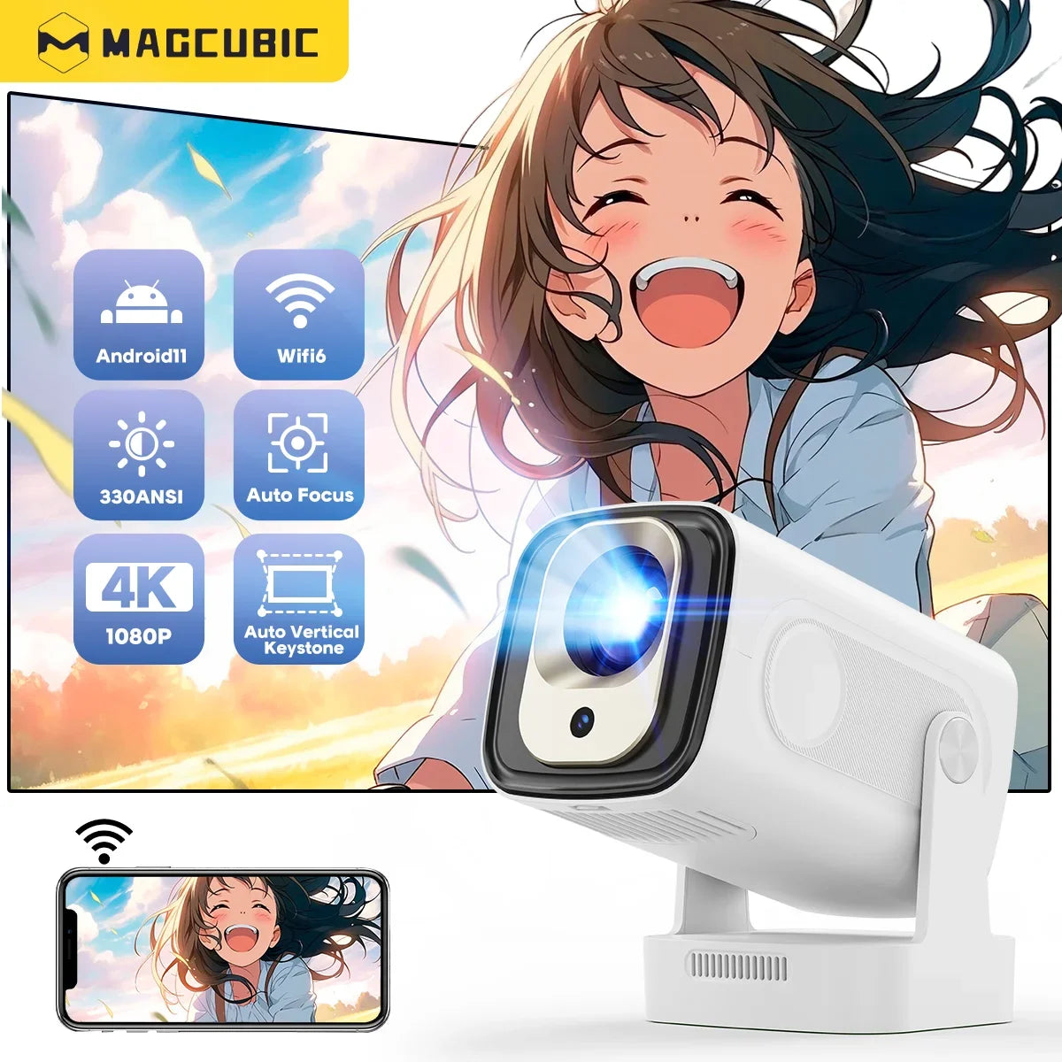 Transform any room into your personal cinema with the Magcubic HY310 Smart Projector. Featuring Auto Focus technology, Android 11, WiFi 6, Bluetooth 5.4, and 4K video support, this compact projector delivers a premium entertainment experience wherever you